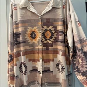 Southwestern Aztec Soft Button-Up Shirt in Taupe and Rust